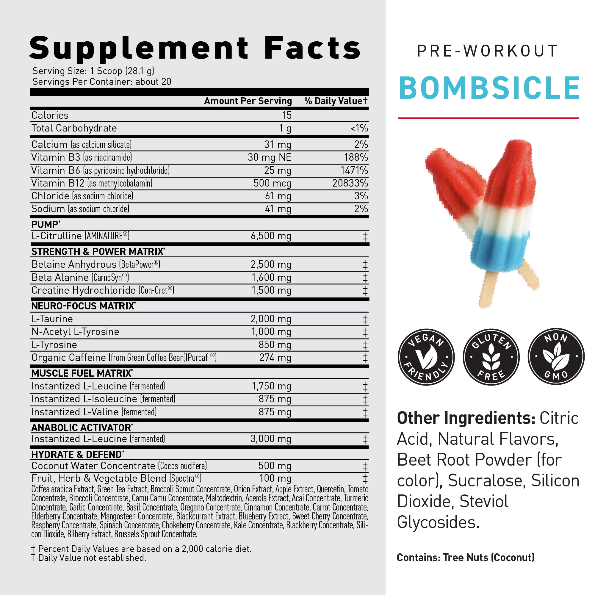 Front label of Pre-Kaged pre-workout showing PRE-WORKOUT BOMBSICLE flavor, supplement facts panel, and popsicle graphic #flavor_bombsicle