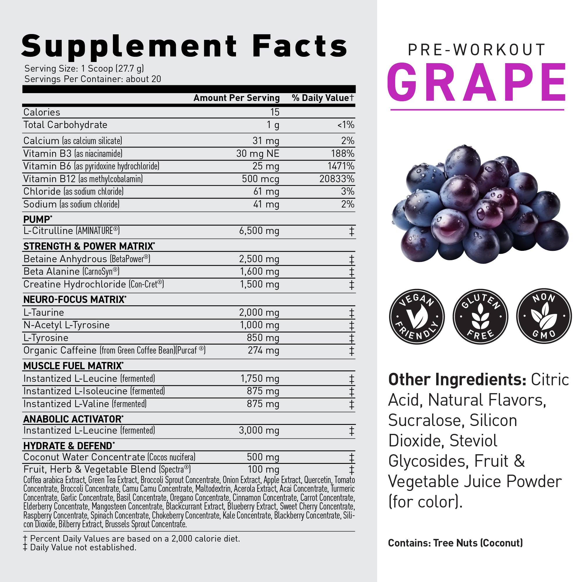 Front label of Pre-Kaged Pre-Workout supplement showing large "PRE-WORKOUT GRAPE" headline, supplement facts panel, and grape photo #flavor_grape