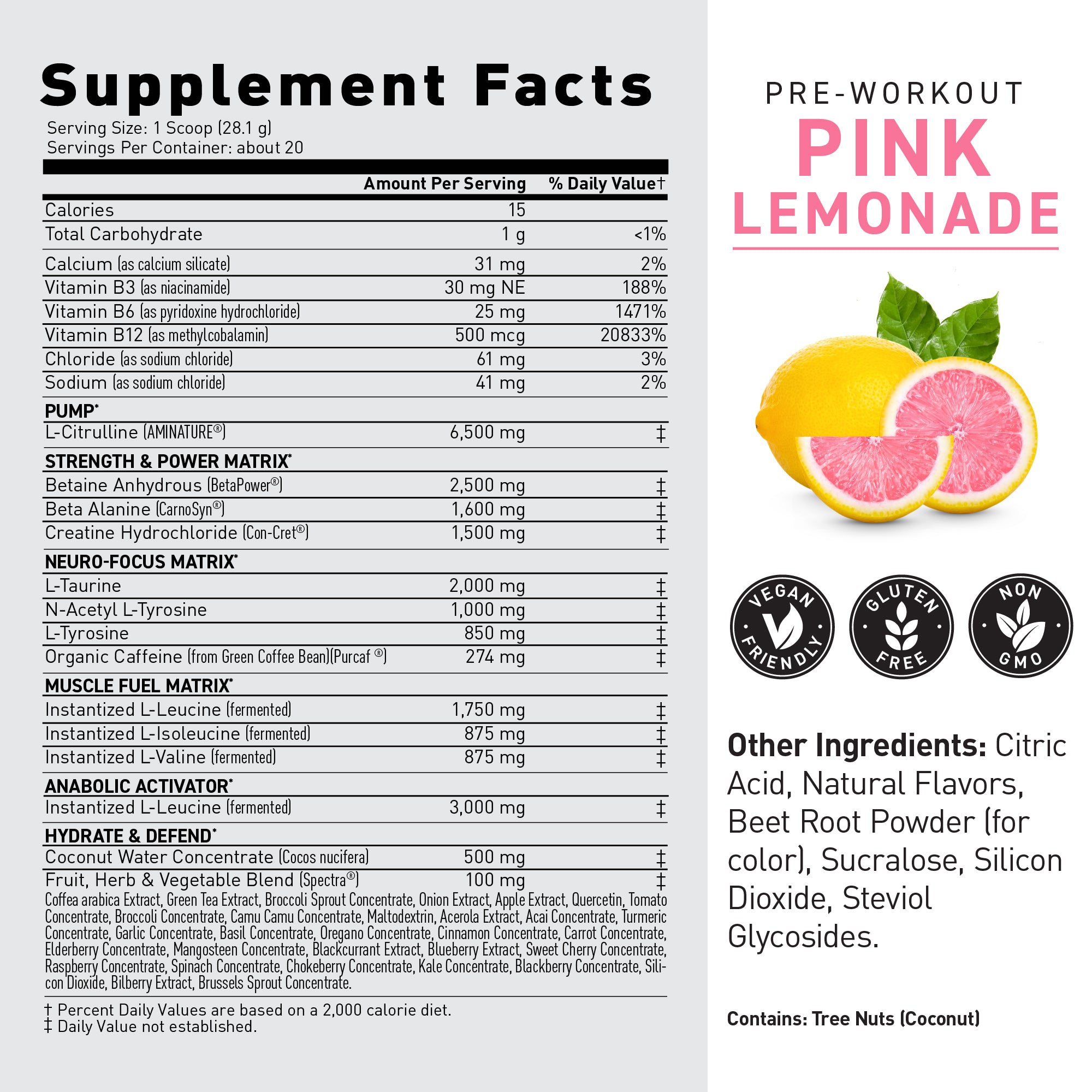 Front label of Pre-Kaged pre-workout tub showing PINK LEMONADE headline, supplement facts panel, and citrus fruit image #flavor_pink lemonade