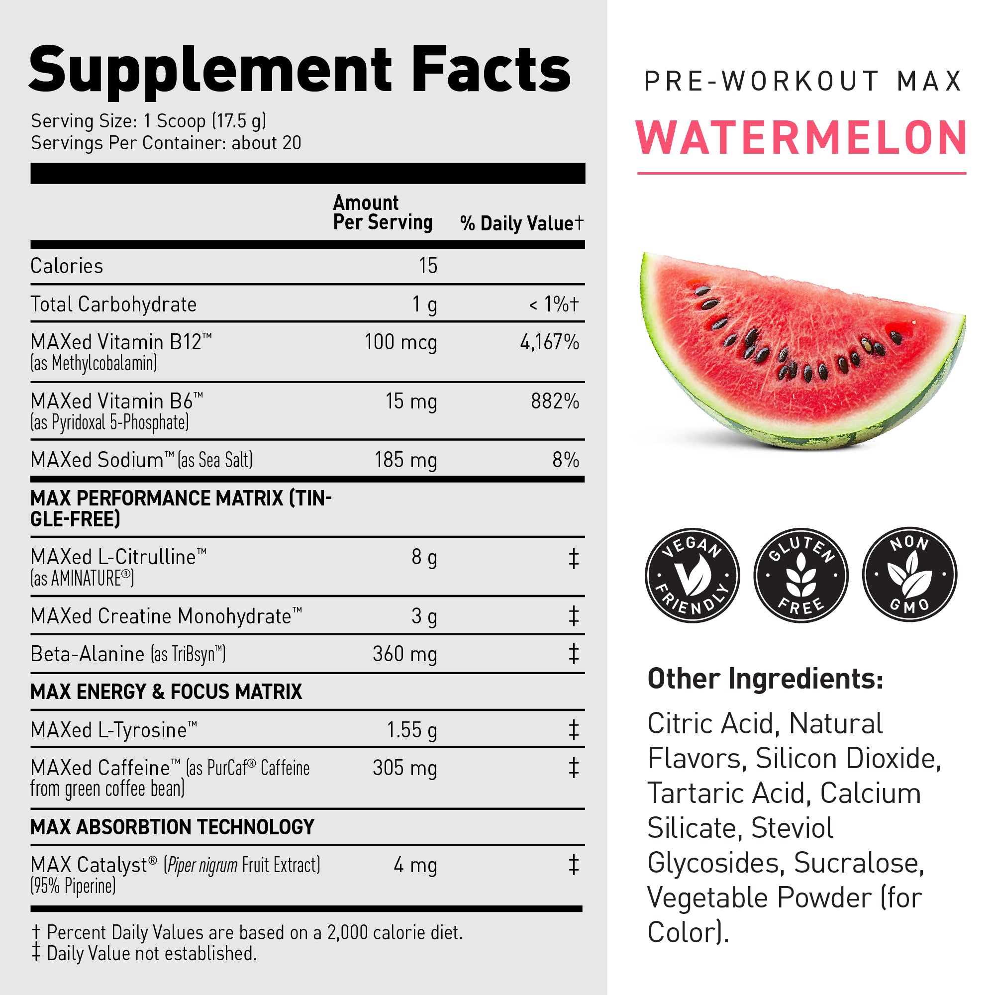 Product label showing Pre-Workout Max watermelon flavor with supplement facts panel and watermelon image #flavor_watermelon
