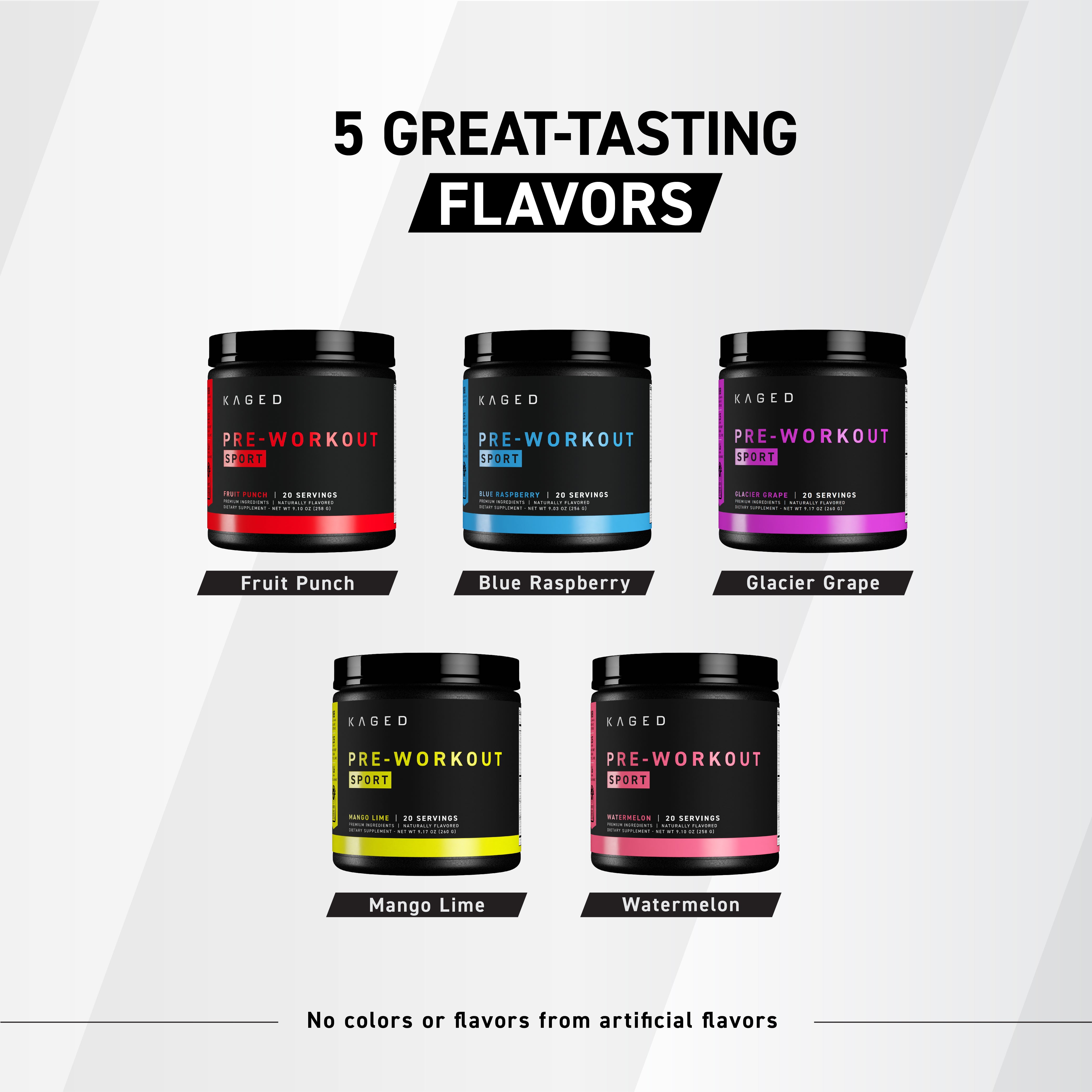 Front of Pre-Workout Sport tubs showing five flavors and headline '5 GREAT-TASTING FLAVORS' on light background