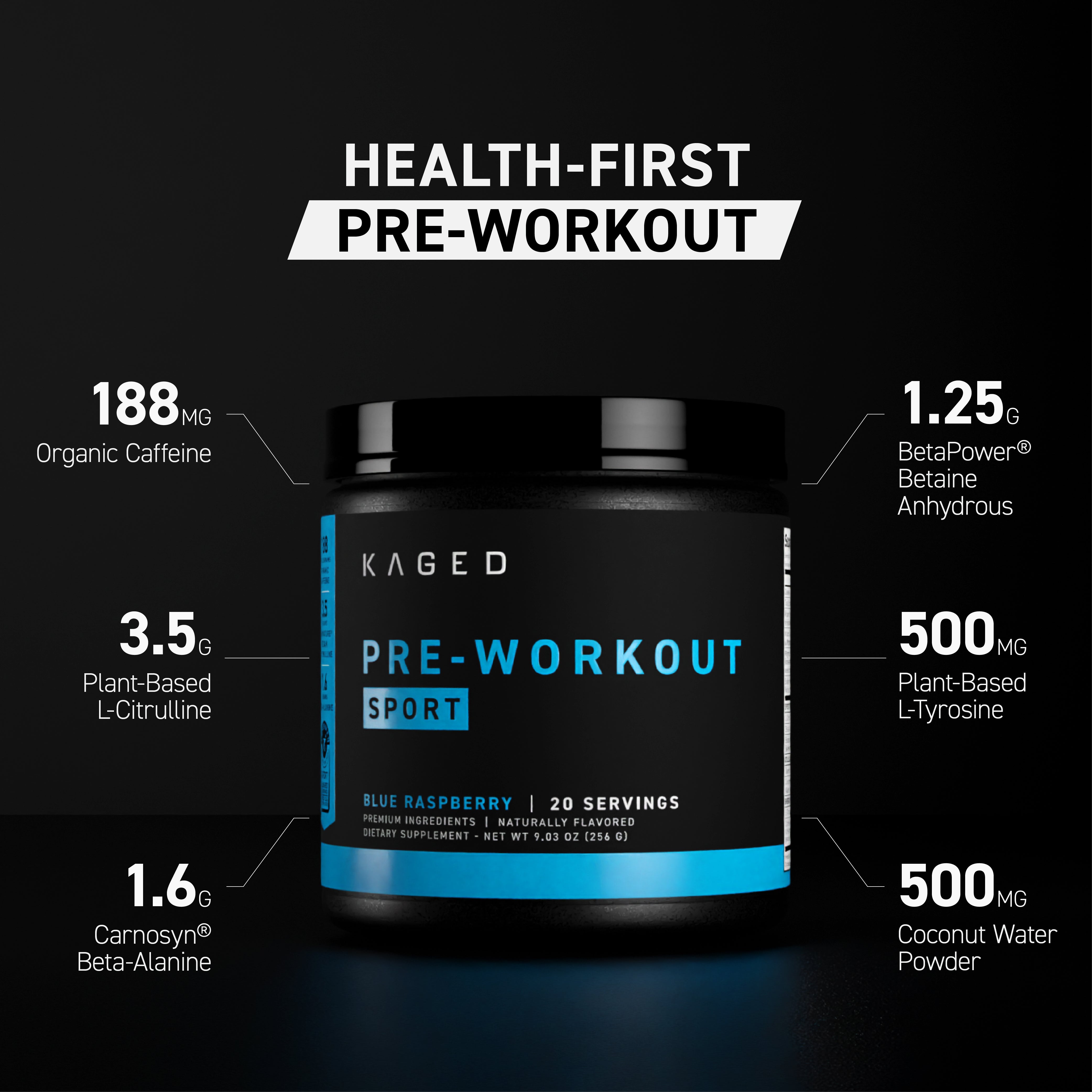 Promotional infographic showing a Pre-Workout Sport jar with headline 'Health‑First Pre‑Workout' and ingredient callouts