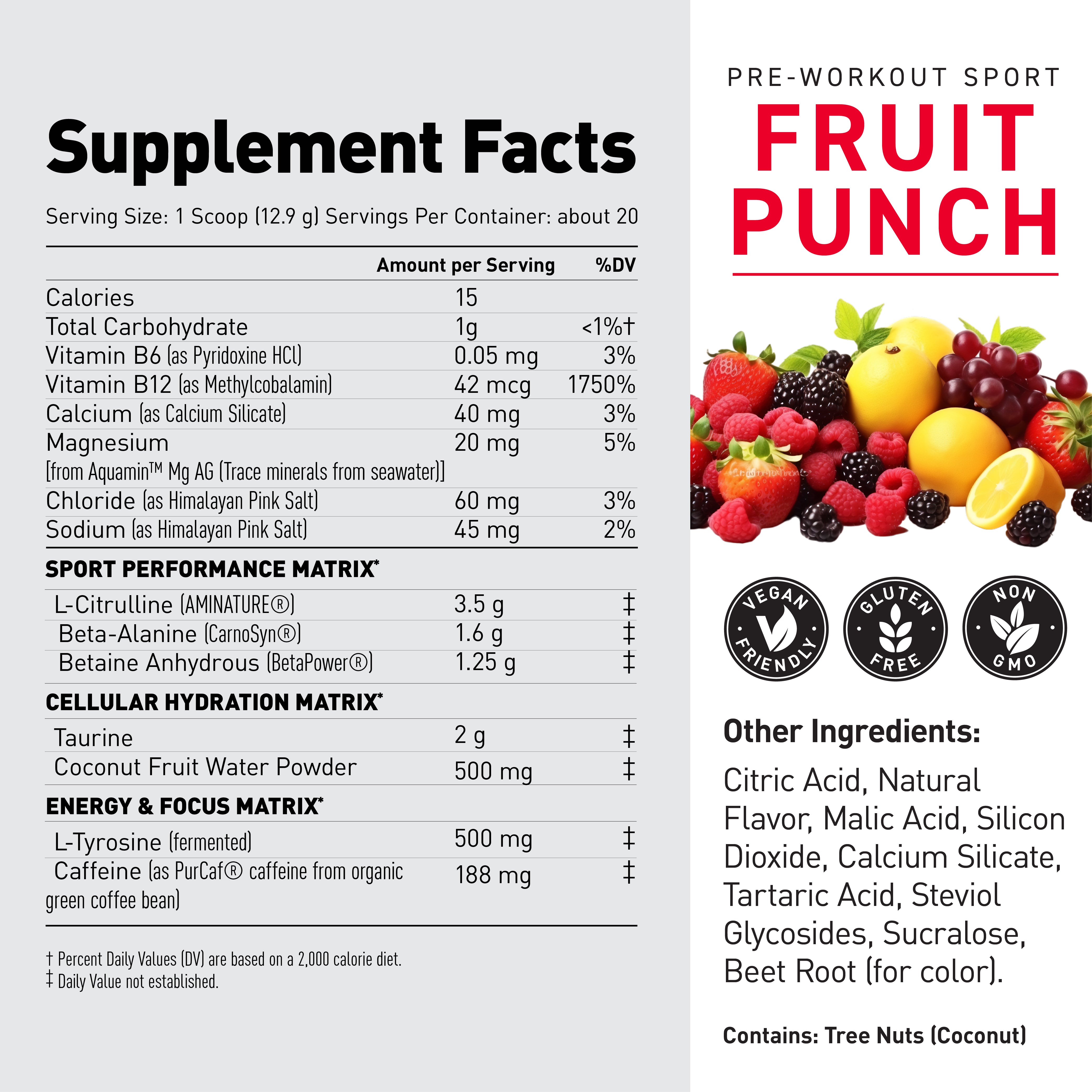 Product label showing Supplement Facts table and large PRE-WORKOUT SPORT FRUIT PUNCH flavor text with fruit photo #flavor_fruit punch