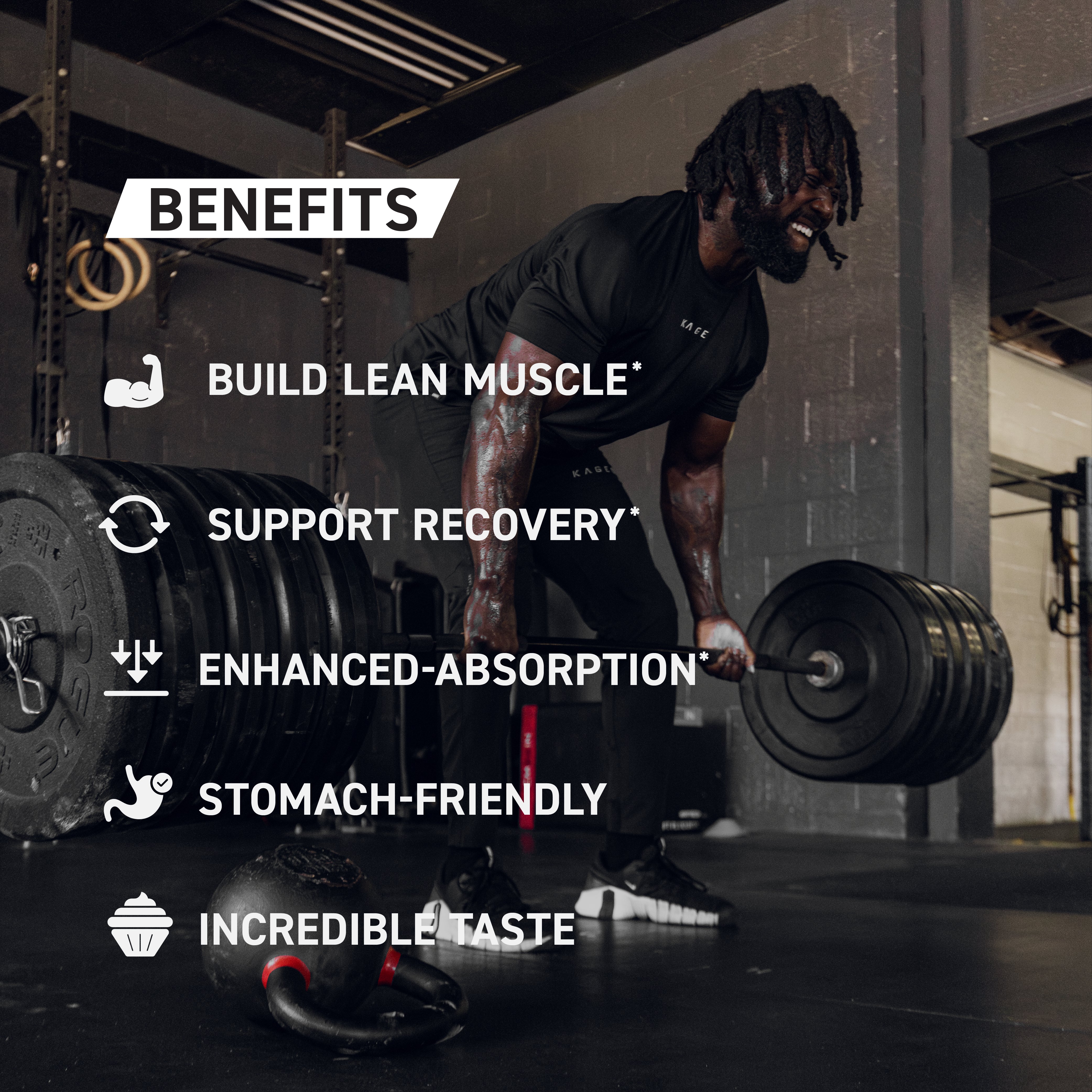 Banner listing five benefits: build lean muscle; support recovery; enhanced absorption; stomach-friendly; incredible taste