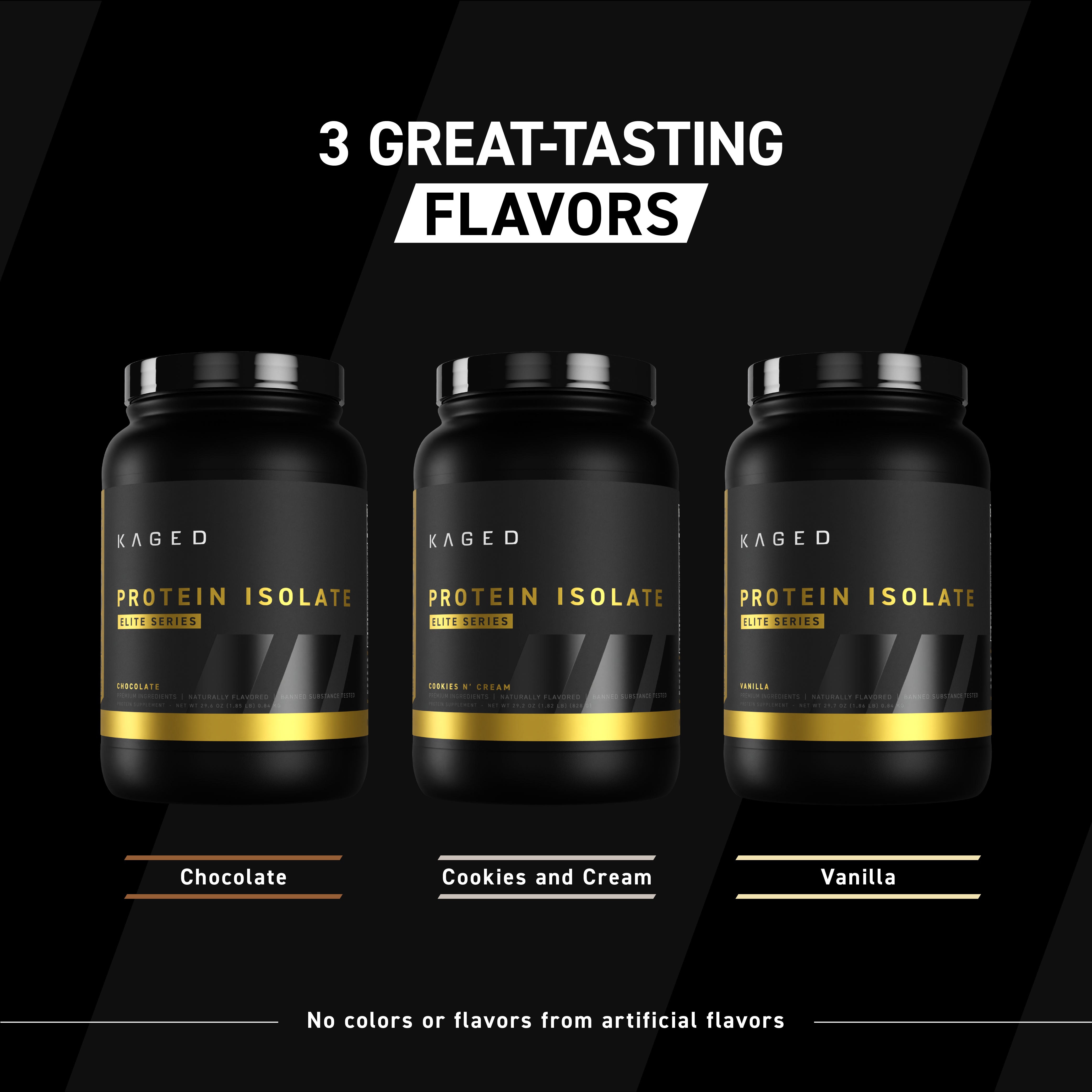 Three Protein Isolate Elite tubs beneath headline "3 GREAT-TASTING FLAVORS" on a black background