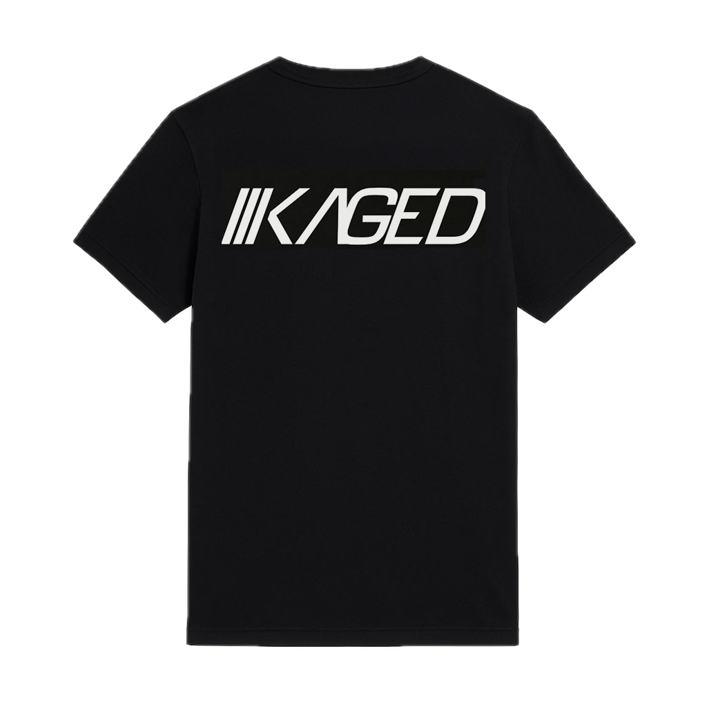 Back view of Slant Tee showcasing large white KAGED logo across the upper back on a transparent background #color_black