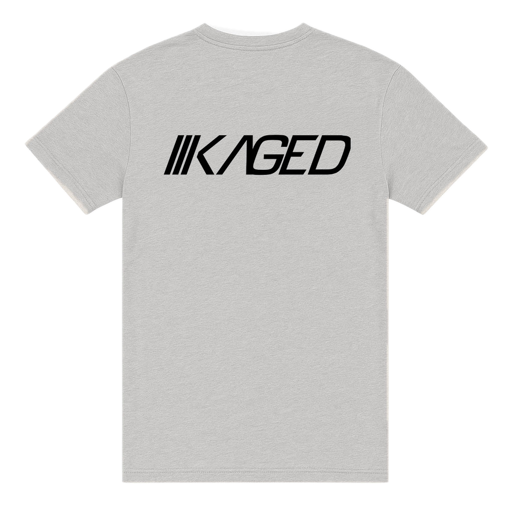 Back view of Slant Tee showcasing black KAGED logo on light gray t-shirt with transparent background #color_gray