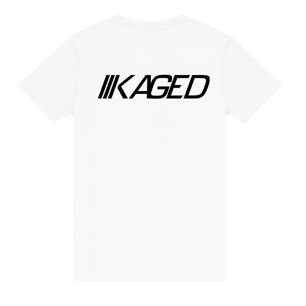 Back view of Slant Tee showing black KAGED logo across upper back on white t-shirt #color_white