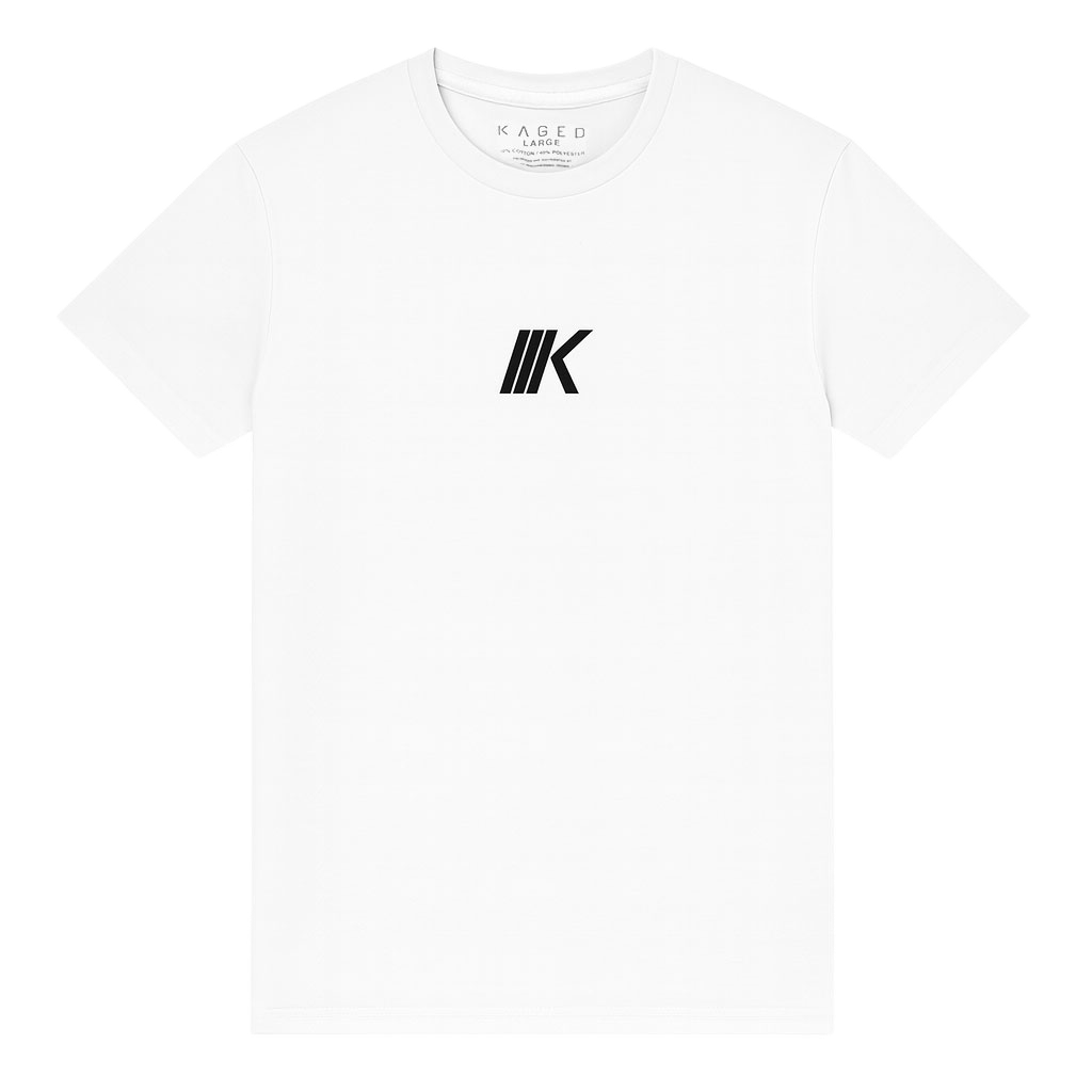 Front view of Slant Tee white short-sleeve shirt showcasing black slant K logo centered on chest with transparent background #color_white