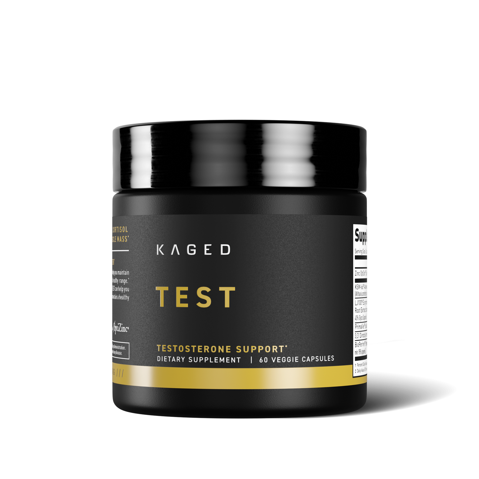 Front view of Ferodrox TEST supplement jar labeled Testosterone Support, 60 capsules, black and gold on white background