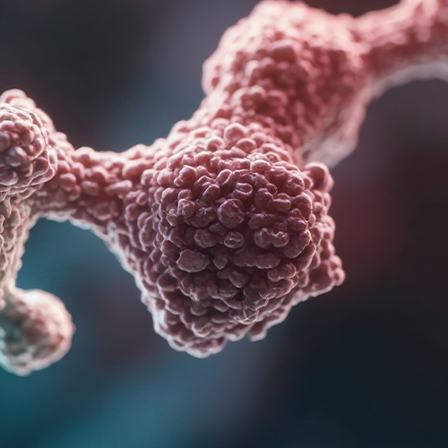 Close-up of Tribsyn beta-alanine molecular illustration showing clustered spherical particles on a dark blurred background