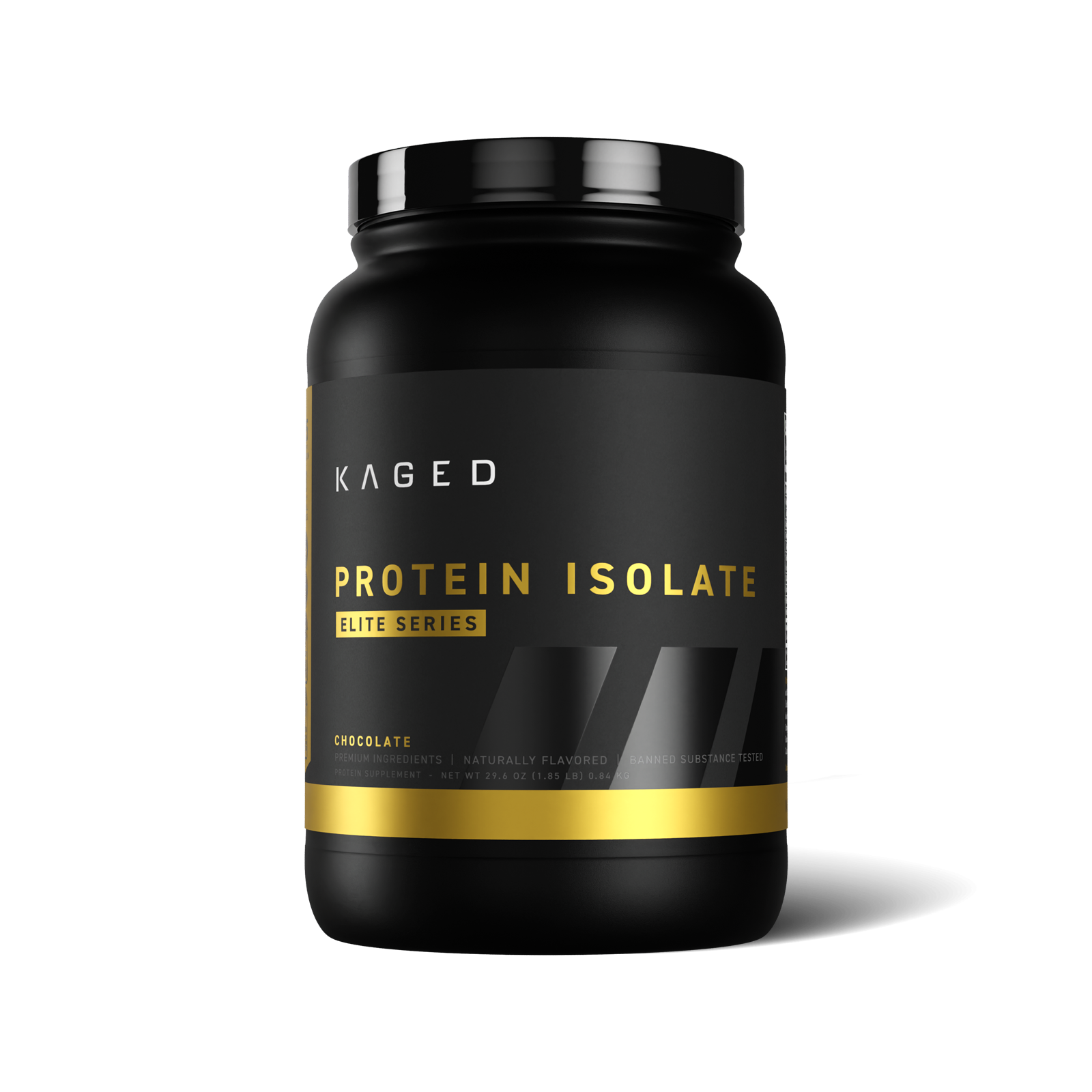 Front view of KAGED Protein Isolate Elite tub showcasing gold PROTEIN ISOLATE label and Chocolate flavor on white background #flavor_chocolate