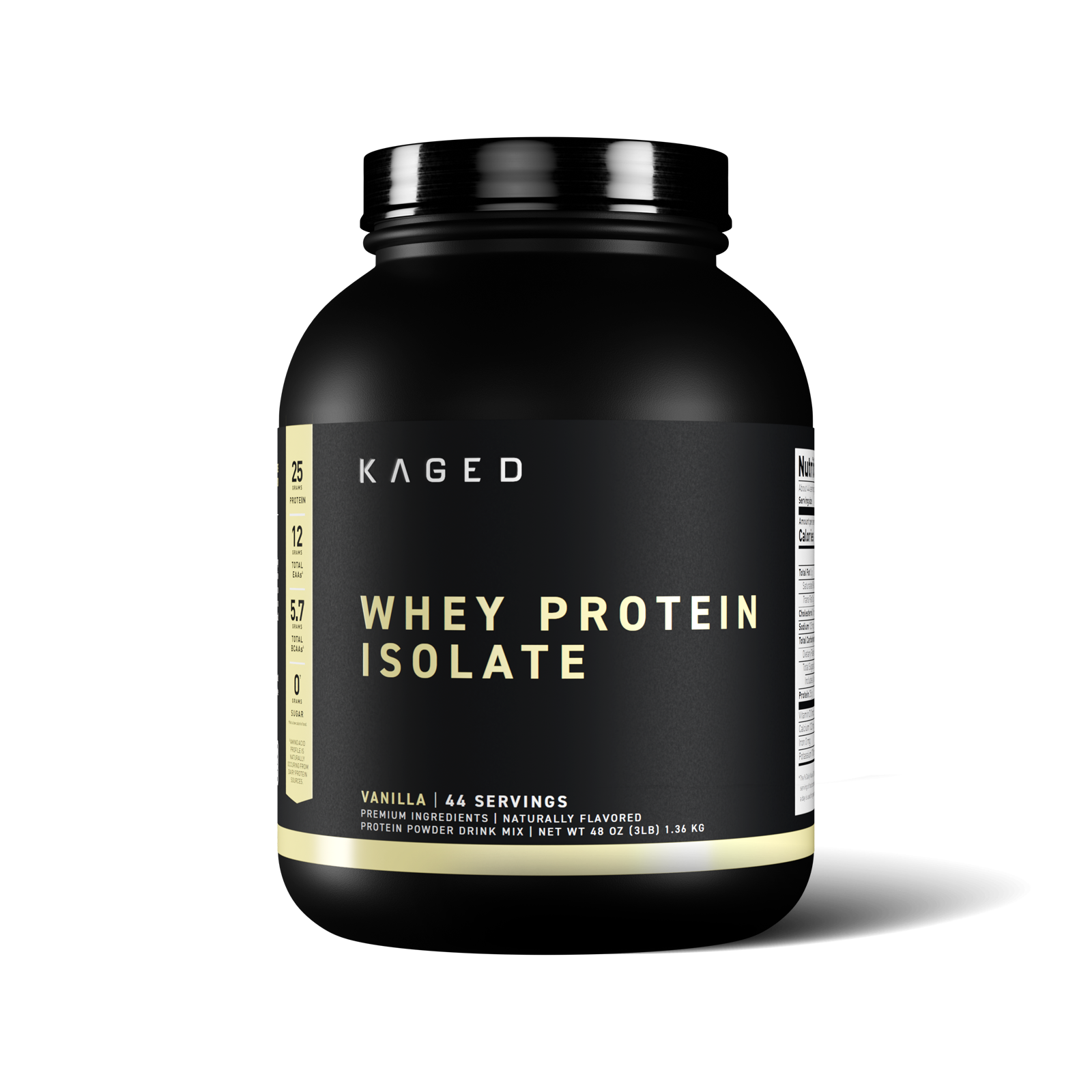 Front view of Kaged Whey Protein Isolate tub showing label Whey Protein Isolate and Vanilla, 44 servings on plain background #flavor_vanilla