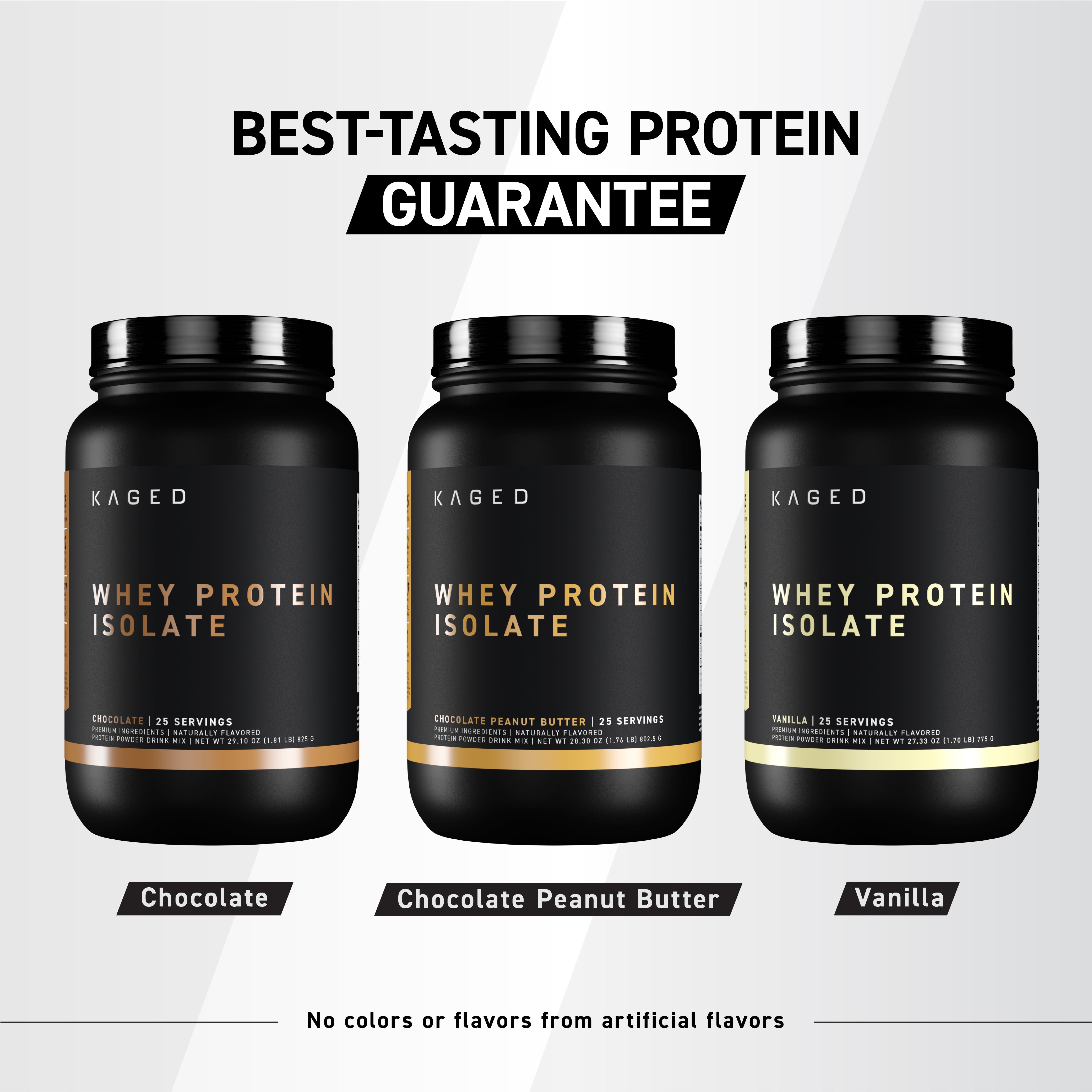 Front view of three Whey Protein Isolate tubs with Best-Tasting Protein Guarantee banner on light background