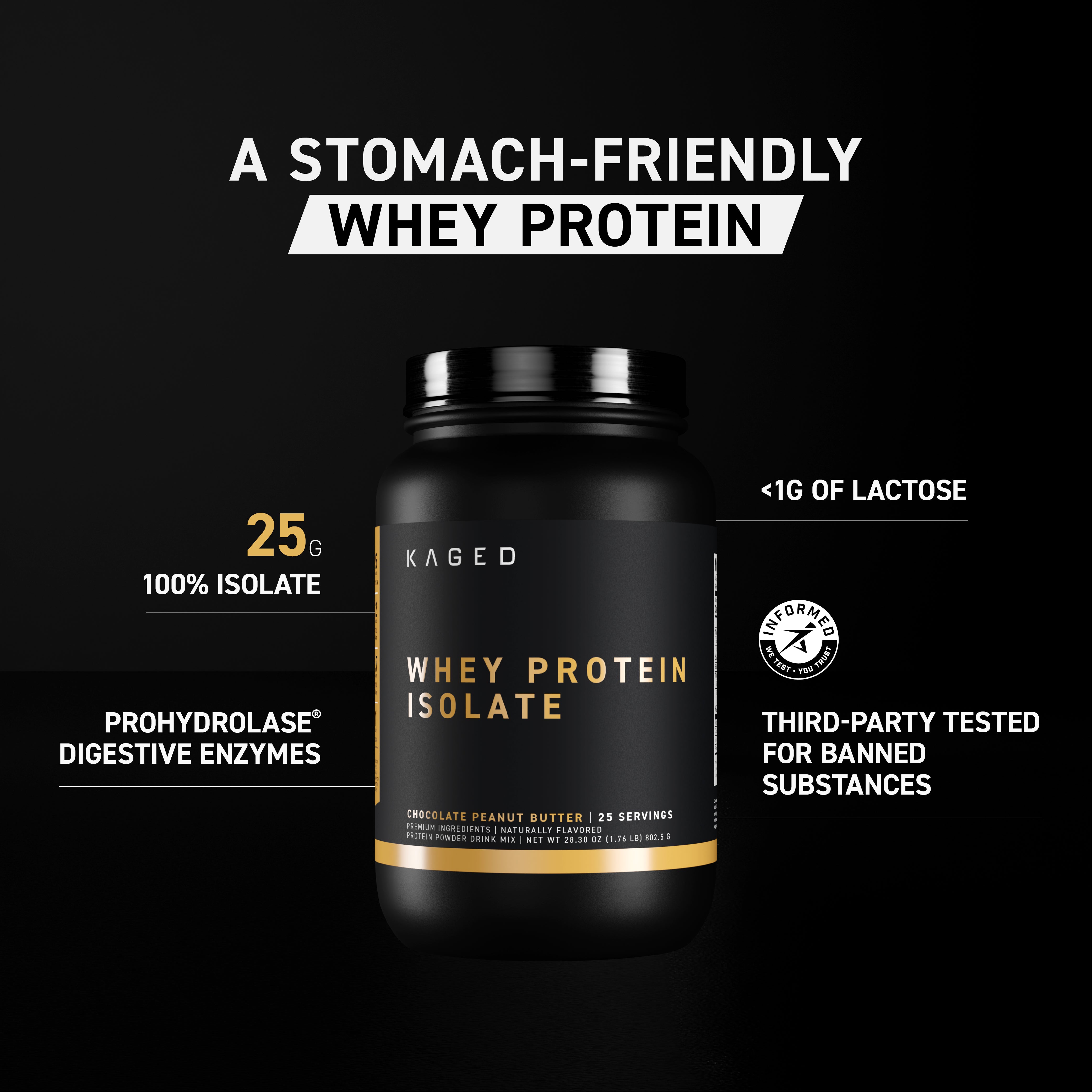 Front of KAGED Whey Protein Isolate jar showing headline A stomach-friendly whey protein, 25g, enzymes, third-party tested