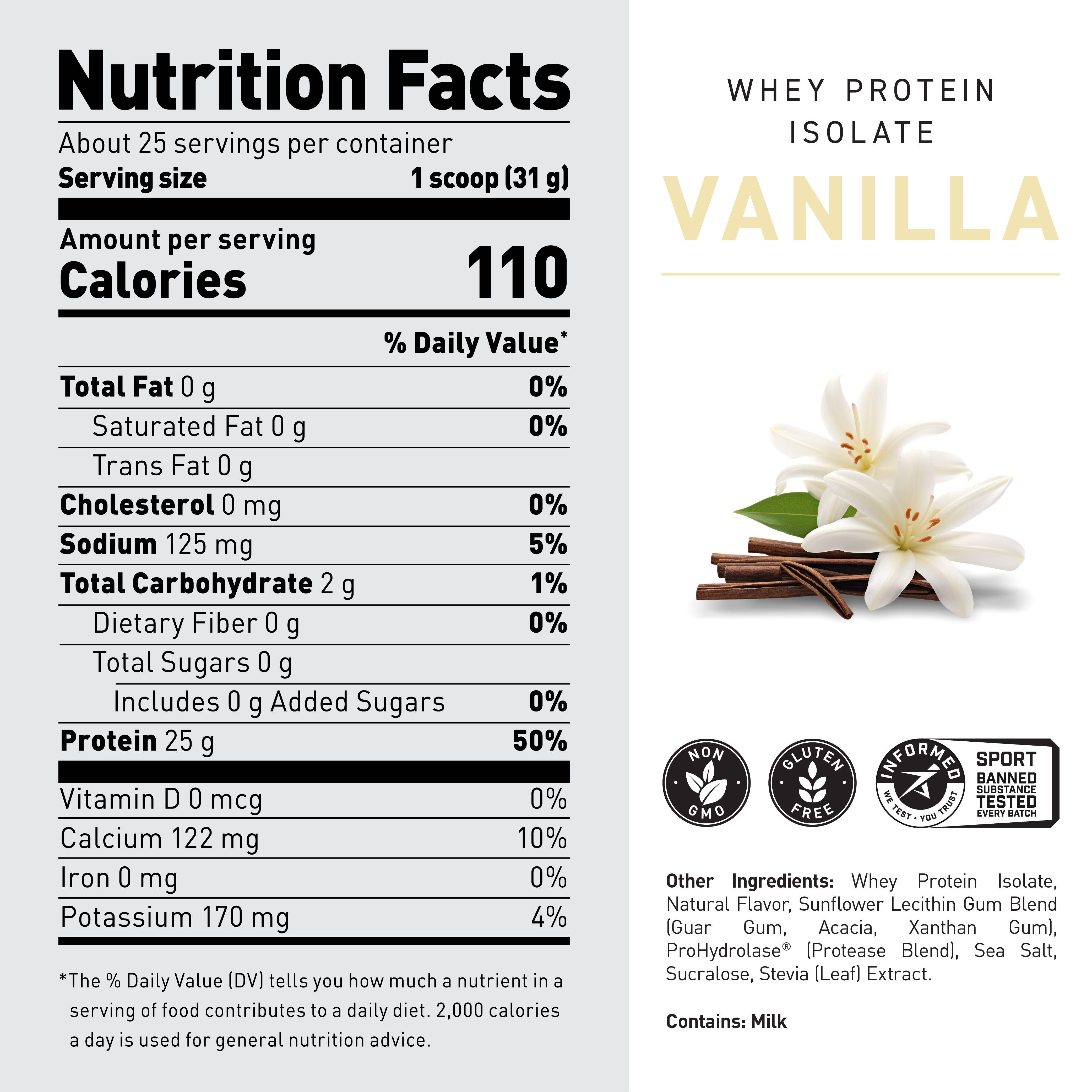 Nutrition facts for Whey Protein Isolate Vanilla, 110 cal and 25 g protein per scoop (31 g), non GMO and gluten free badges #flavor_vanilla