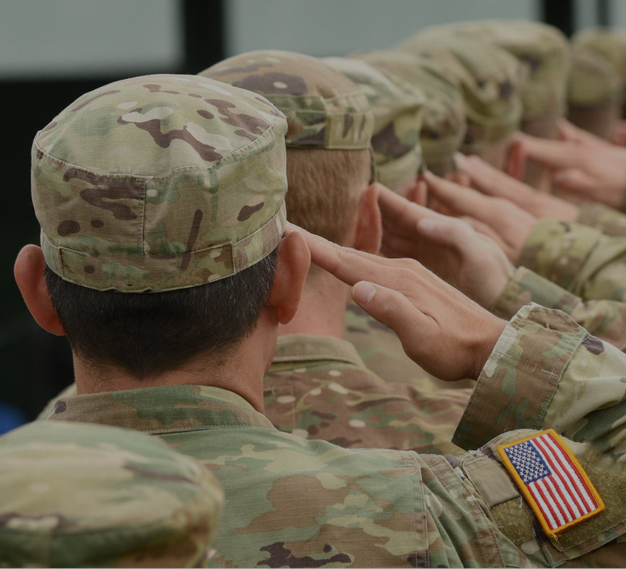 Group of soldiers in camouflage uniforms saluting in formation, rear view with American flag patch visible