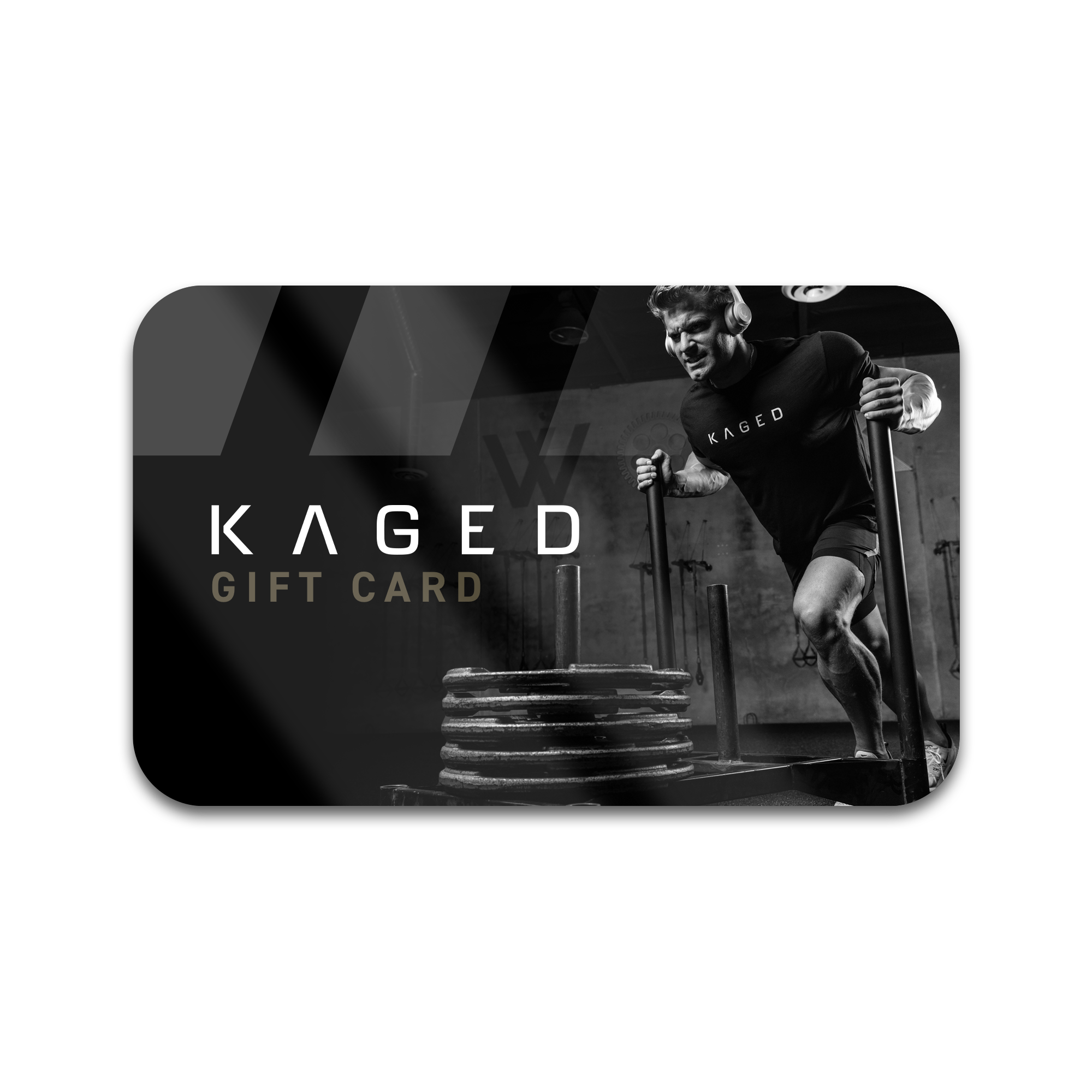 Front view of KAGED gift card showing KAGED logo and GIFT CARD text with black-and-white athlete pushing a weighted sled
