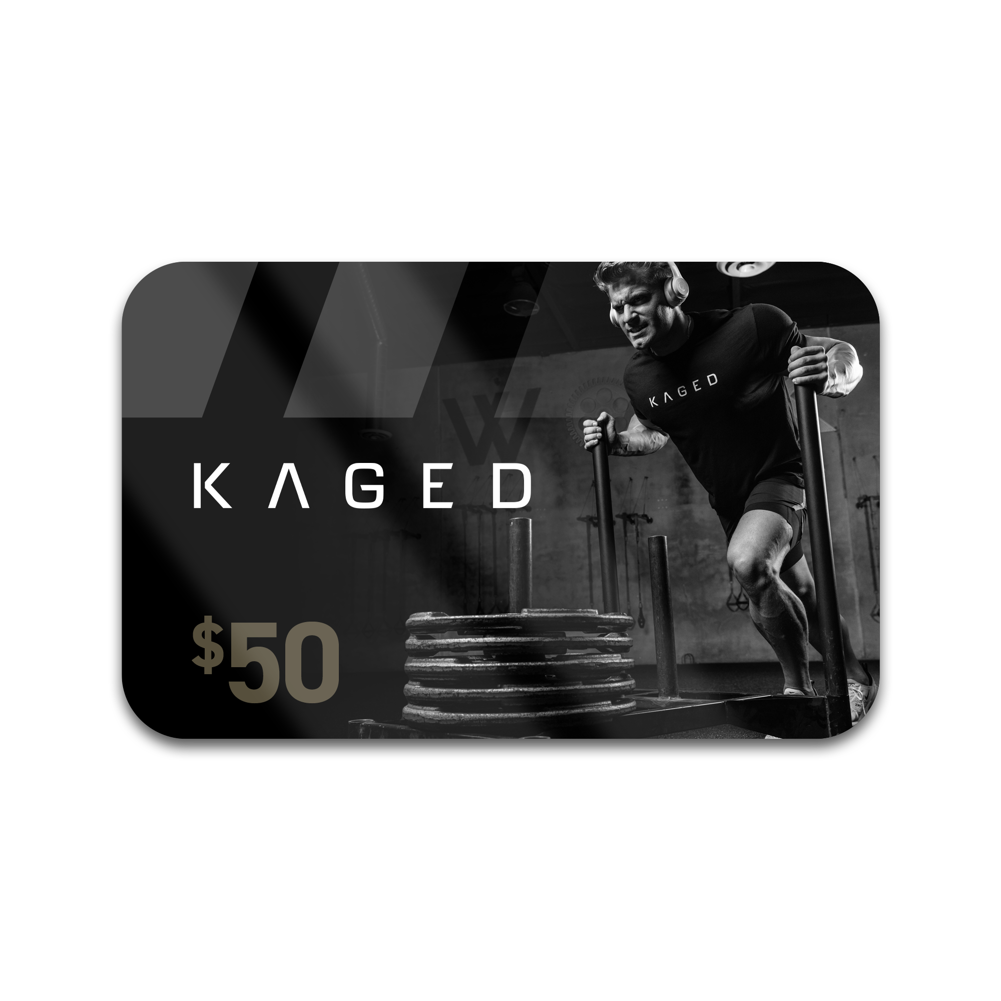Front view of KAGED gift card showcasing KAGED logo and large 50 value over a black gym background #amount_$50.00