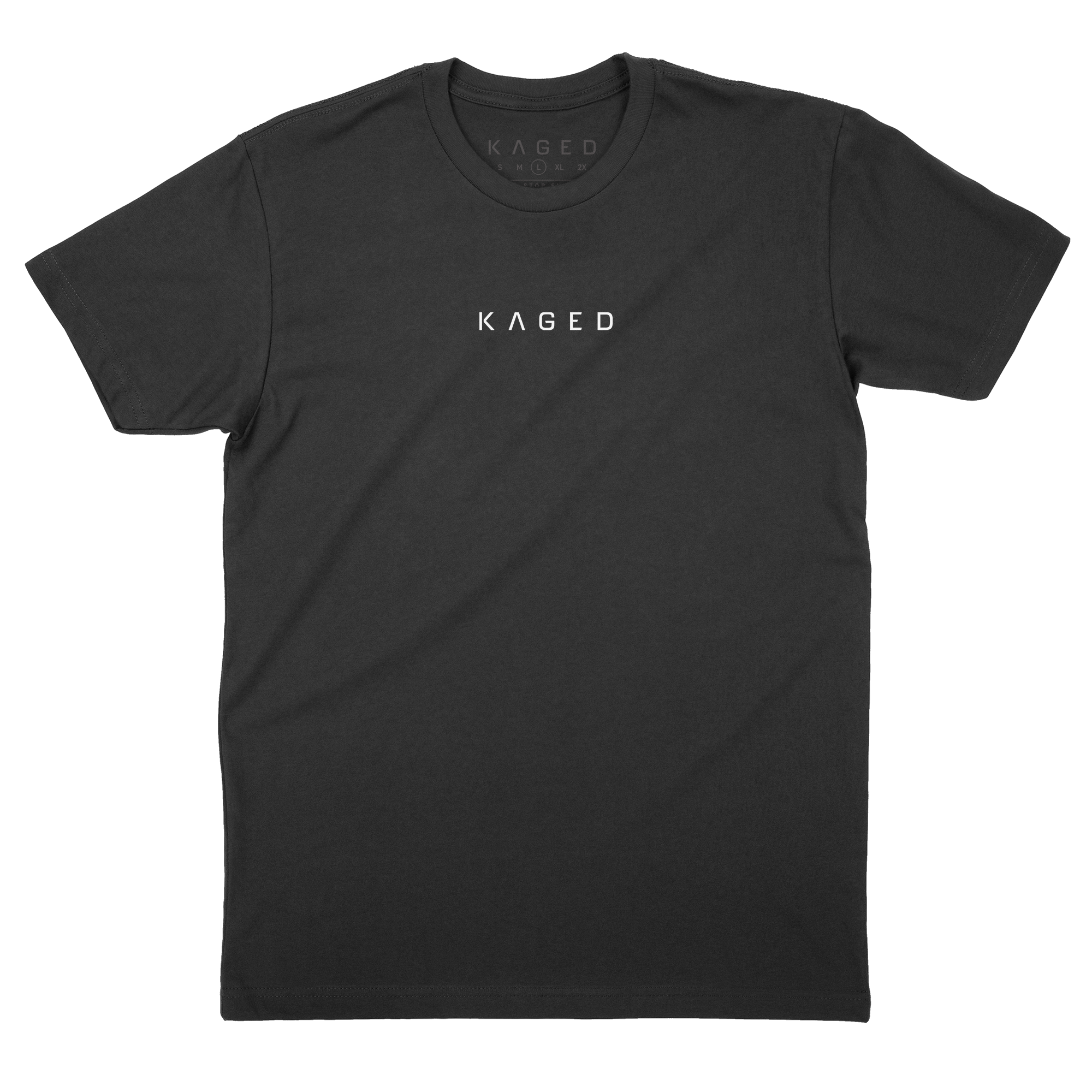 Front view of black Never Stop Evolving T-shirt showing small white KAGED logo centered on chest on white background #color_black