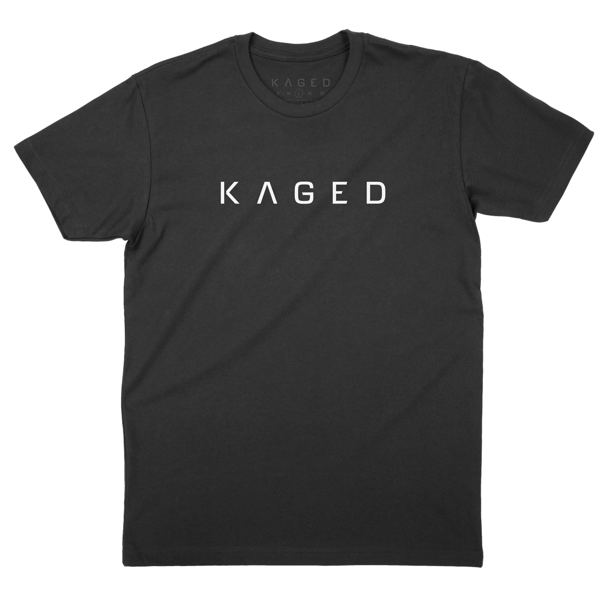 Flat lay of KAGED Classic Tee front showing white KAGED logo centered on black T-shirt with plain white background #color_black